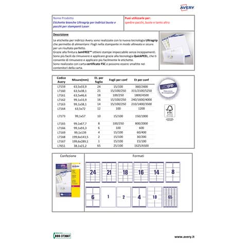 Etichette bianche per indirizzi AVERY Ultragrip™ 99,1x33,9 mm - 16 et/foglio - stampanti laser cf. 100 fogli L7162-100